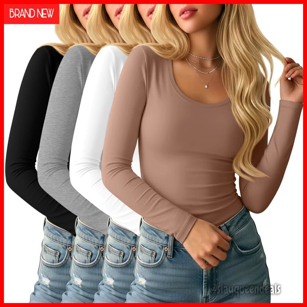 4 Pack Slim Fit Long Sleeve Scoop Neck T-Shirts Stretchy Layering Tops - Picture 1 of 7